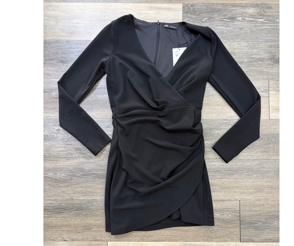 Zara Black Mini Dress Ruched Wrap Bodycon Long Sleeve Night Out M